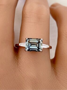 Emerald Cut Blue Gray Moissanite Diamond Sterling Silver Three Stone Ring
